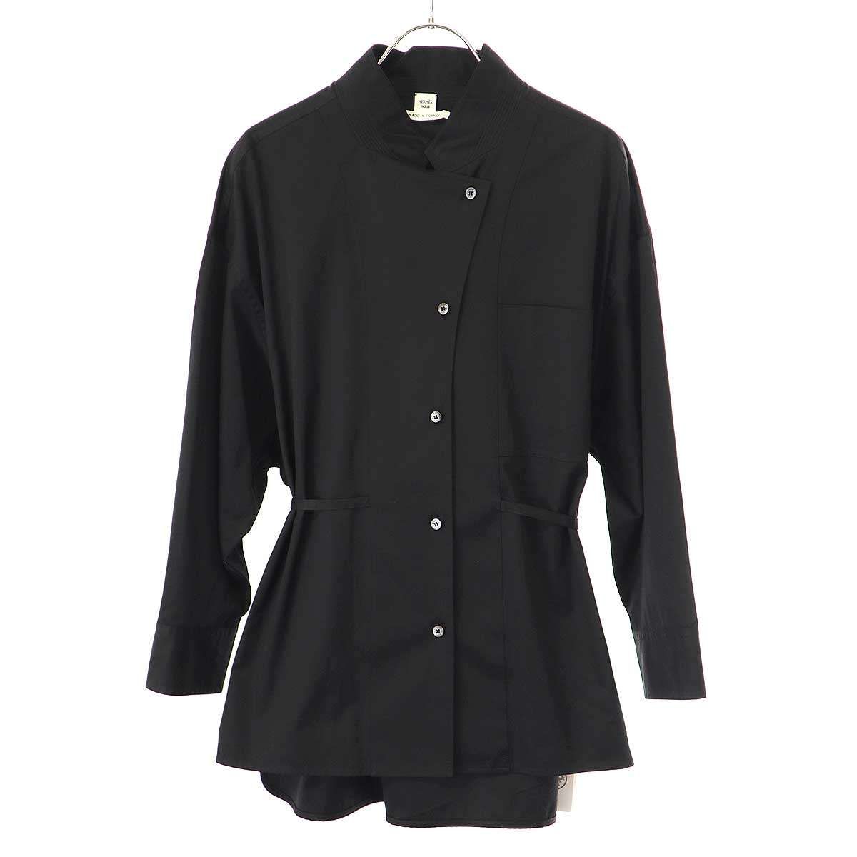 HERMES エルメス 23AW コットンリボンデザインブラウスシャツ 3H0601DV ブラック 40 HERMES エルメス 23AW コットンリボンデザインブラウスシャツ 3H0601DV