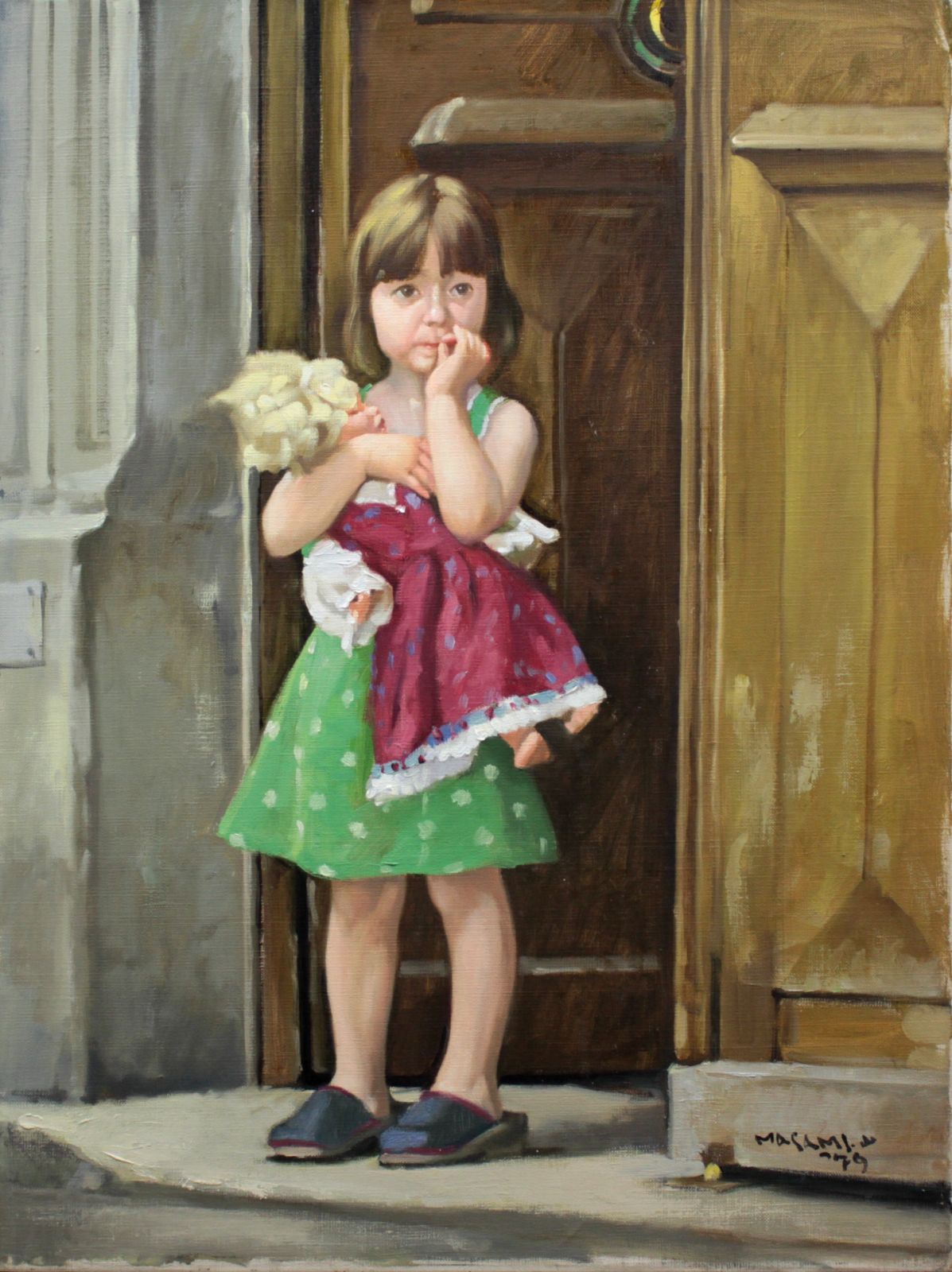 山岸正巳「少女と人形」 油絵・油彩画 絵画 山岸正巳『人形を抱く少女』油彩画【真作保証】 絵画 - メルカリ