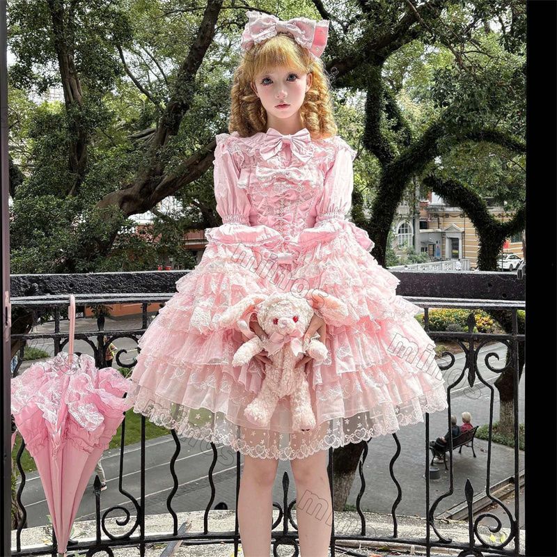 愛恋序曲 Lolita洋装 甘ロリスタイル jsk吊りスカート 姫系デザイン ピンク? ホワイト ブルーの3色展開 撮影会