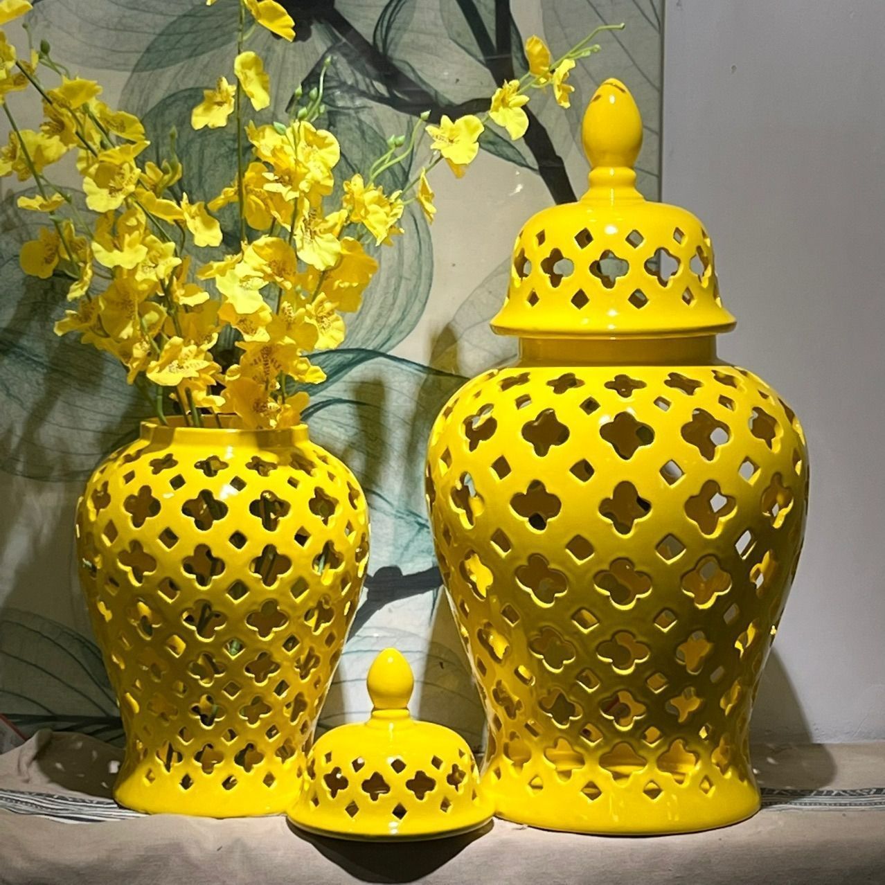 花瓶 イエロー フラワーベース フラワーアレンジメント 高級セラミック 蓋つき 黄色 お洒落 高級感 フラワーポット ラグジュアリー