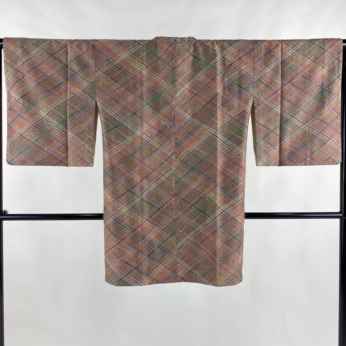 道行 身丈91.5cm 裄丈63.5cm S 和装コート 角衿 斜め格子 幾何学 灰紫 正絹 名品