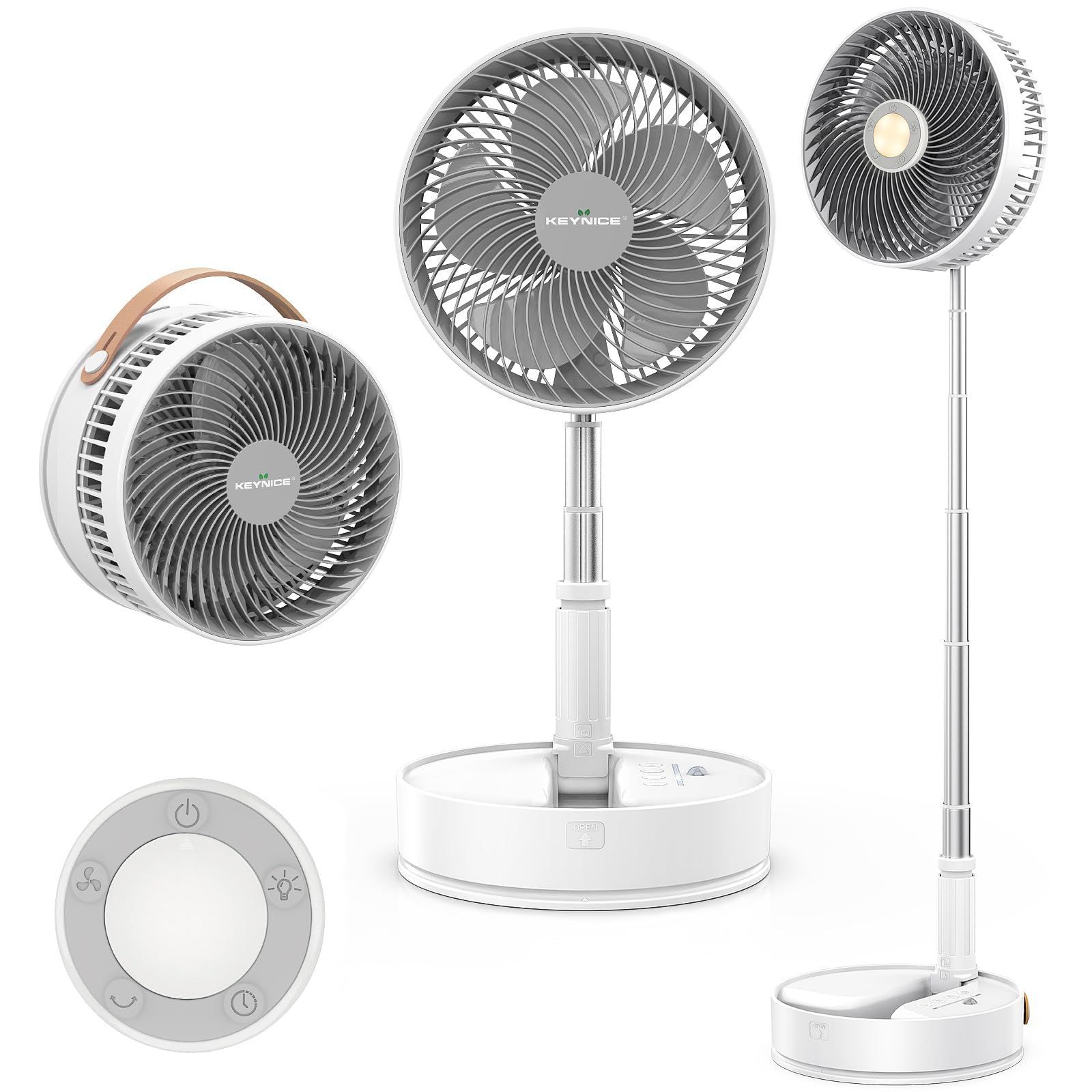 タイマー付き コードレス 静音 リモコン付き USB充電式 7200mAh電池 dcモーター 高さ自由調節 首振り卓上扇風機 4段階風量調節 リビング 小型 コンパクトに収納 無段階伸縮式 室内 折り畳み アウトドアに適用 扇風機 ホワイト Keynice K