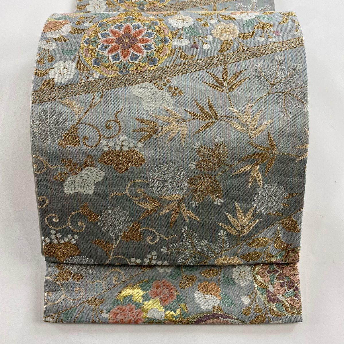 袋帯 秀品 悠久織 鳳凰 華文 金銀糸 箔 青灰色 六通 正絹