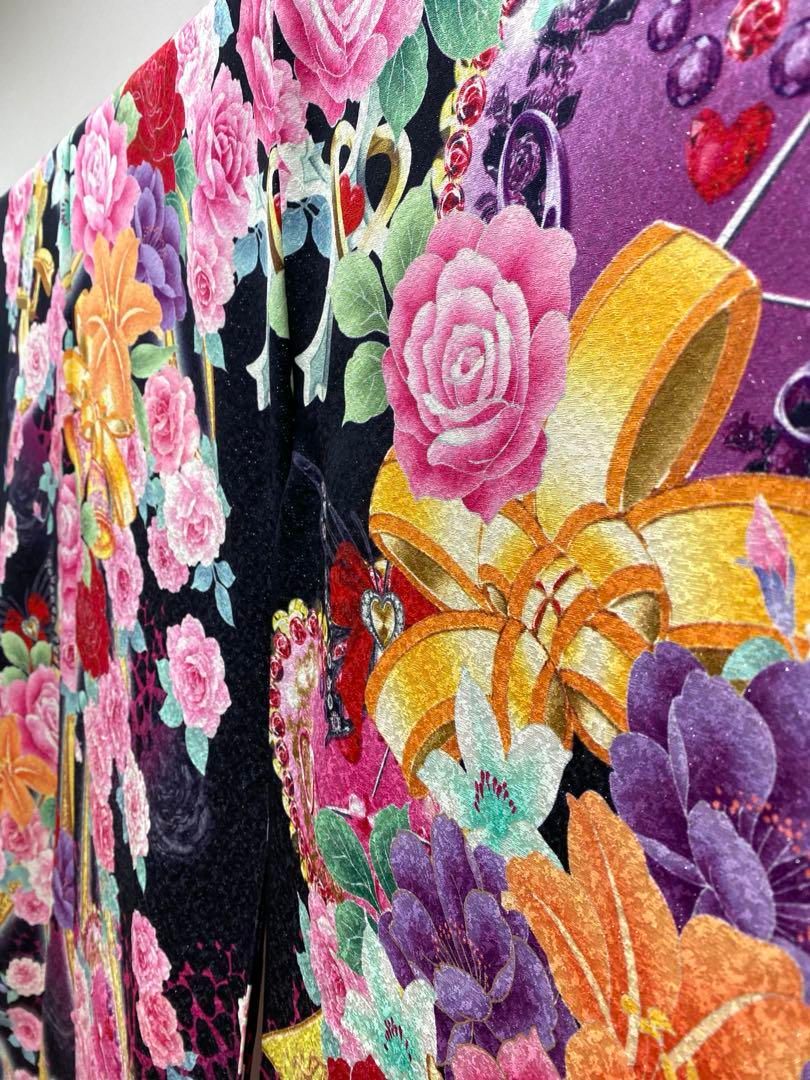 振袖 仮絵羽 舞台衣装 銀通し ラメ刺繍 薔薇 正絹 未仕立て品 八掛付き 