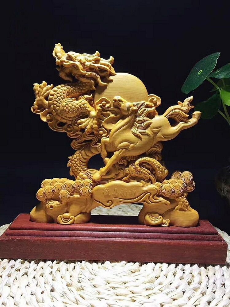 龍馬精神 木彫りドラゴン 置物 ディスカウント 風水 立像 高級天然ツゲ