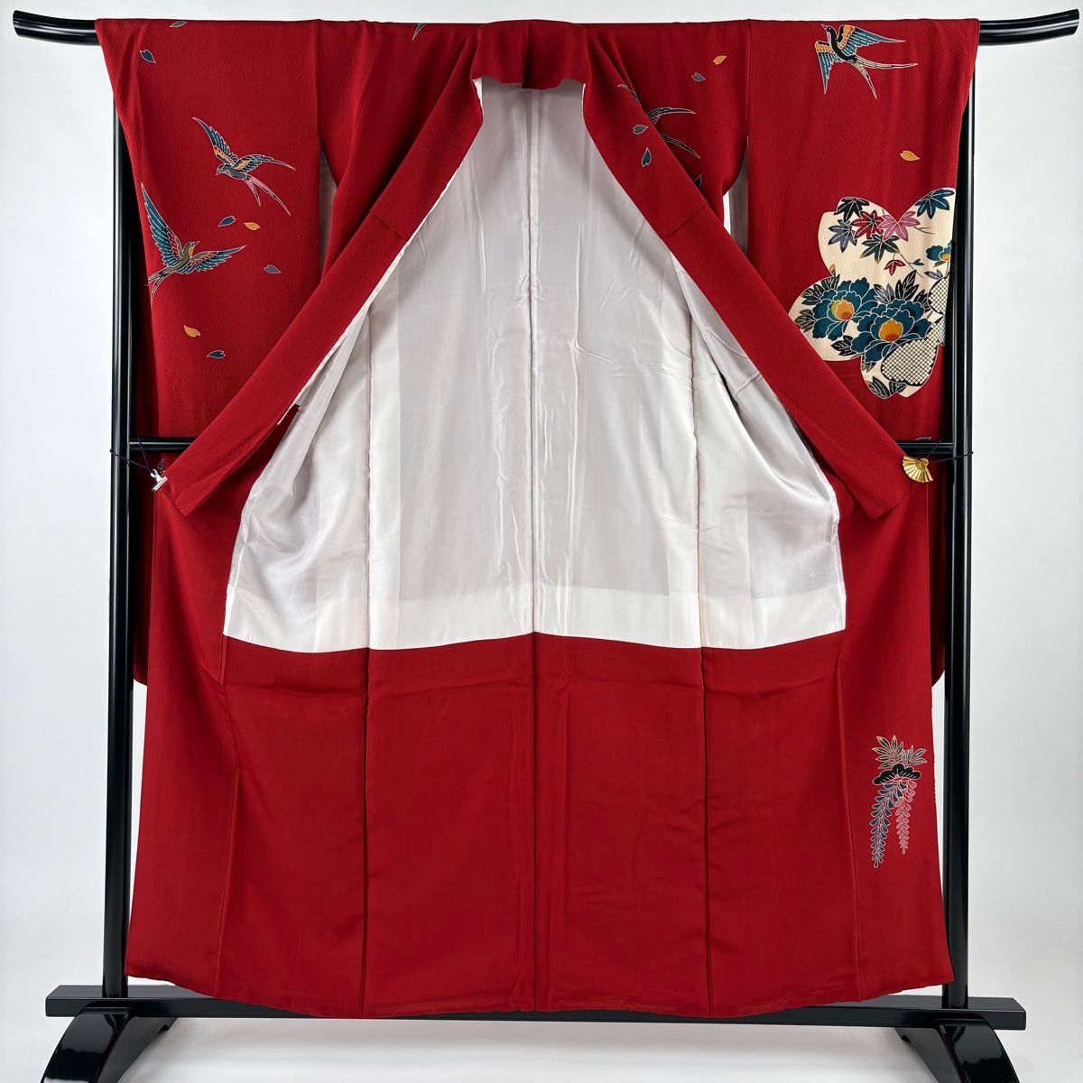 振袖 身丈158cm 裄丈65.5cm M 袷 鳥 牡丹 赤 正絹 名品 【中古