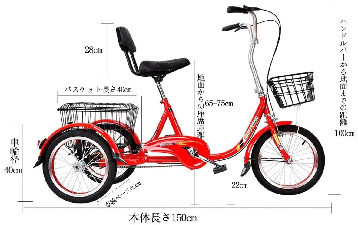 車体 大人用 お年寄り向け レディース メンズ 三輪自転車 1速 16インチ 3輪 クルーズ自転車 買い物かご付き - メルカリ