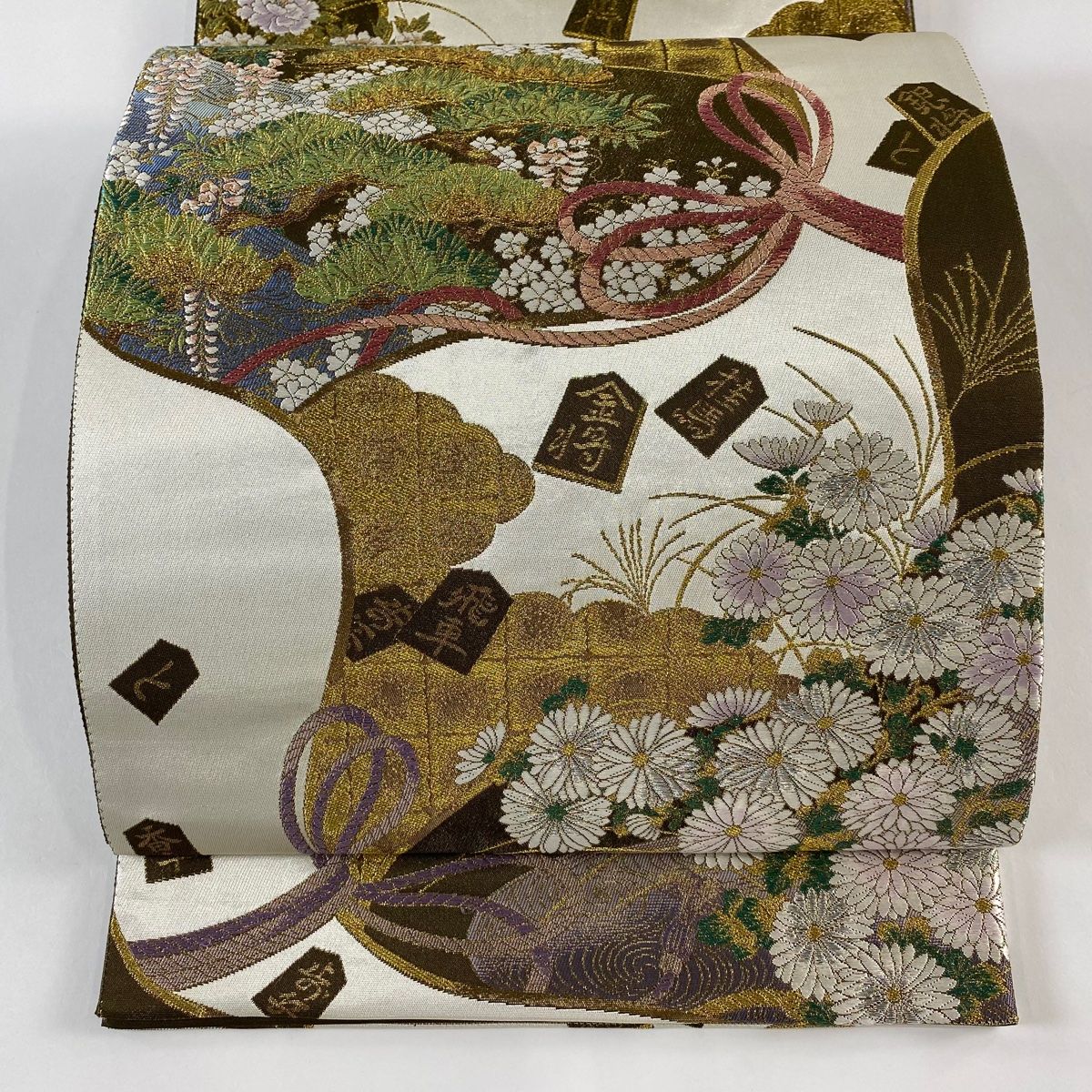古玩 十二支 模様の瓢箪 エナメル彩 袋帯 美品 逸品 瓢箪から駒 松 刺繍 箔 焦茶色 六通 正絹 【中古