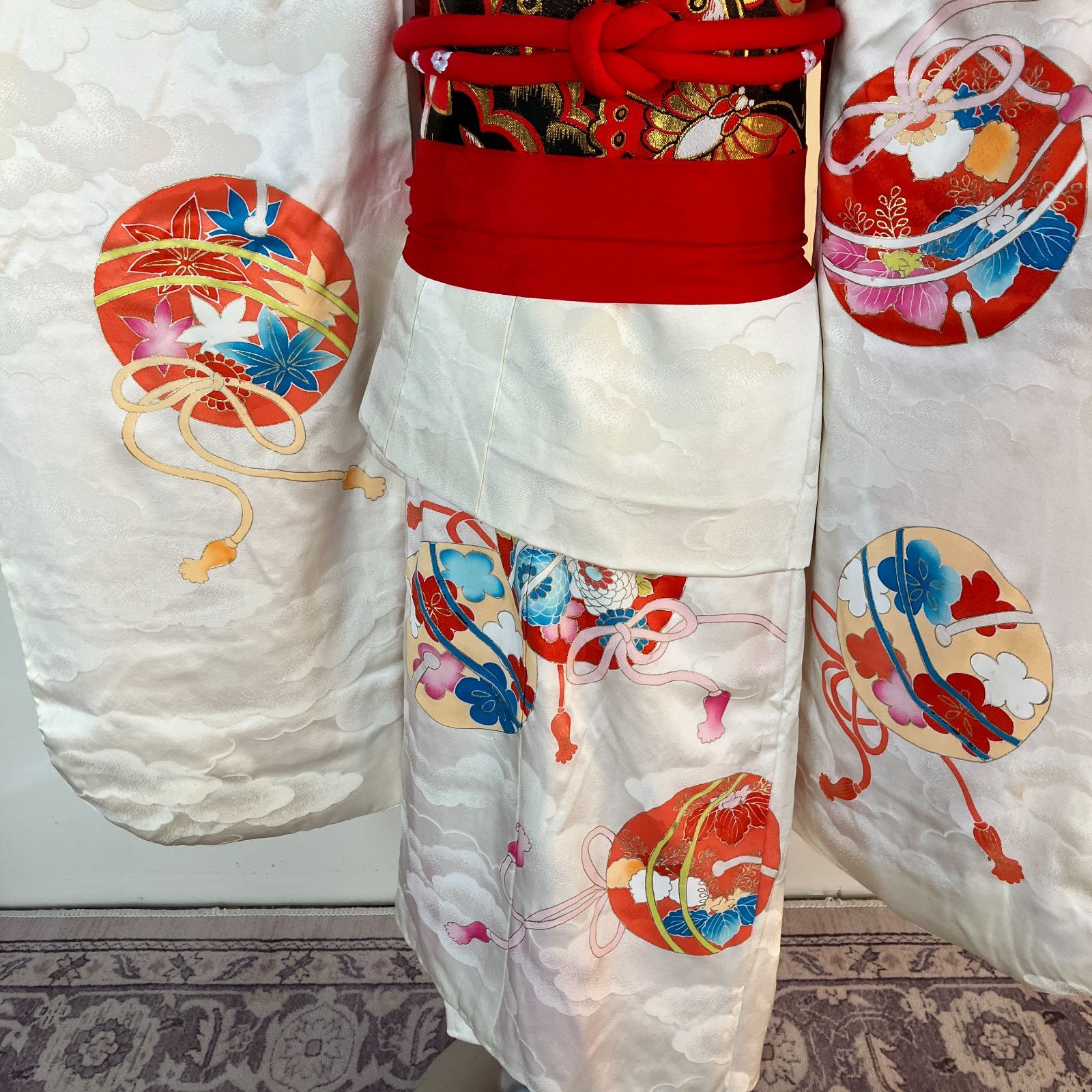 柄 七五三 7歳女の子 着物 四つ身 白地 長襦袢 作り帯セット 帯揚げ帯締めしごき付き ビンテージ きもの猫田 T 324