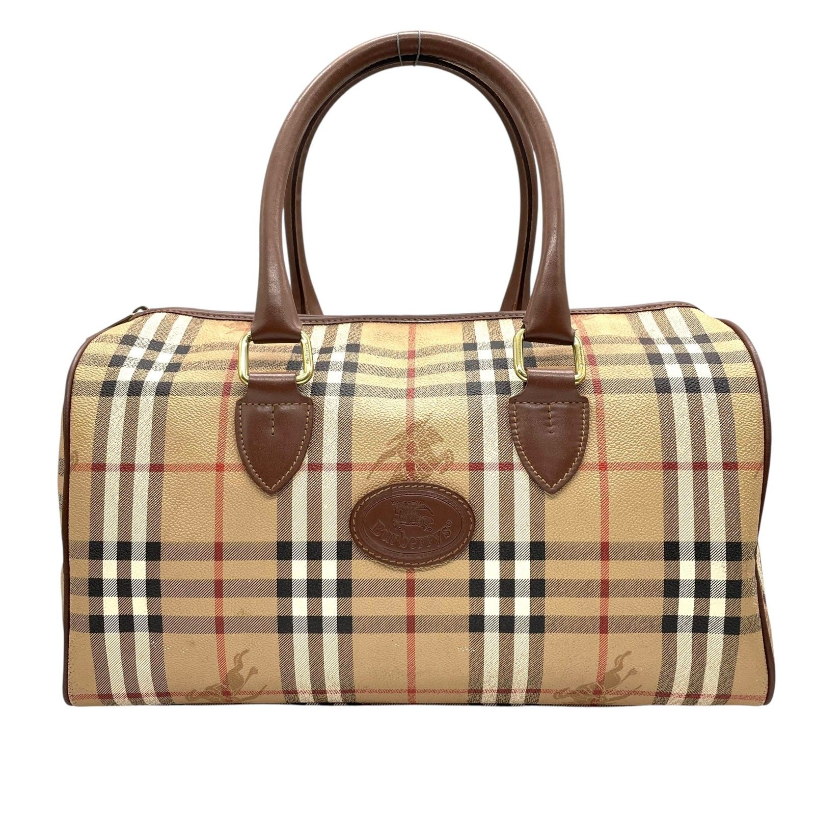 BURBERRY バーバリー ノバチェック シャドーホース ホースロゴ ボストンバッグ 茶 ブラウン ベージュ PVC レザー ゴールド金具 手提げ ヴィンテージ メンズ レディース E