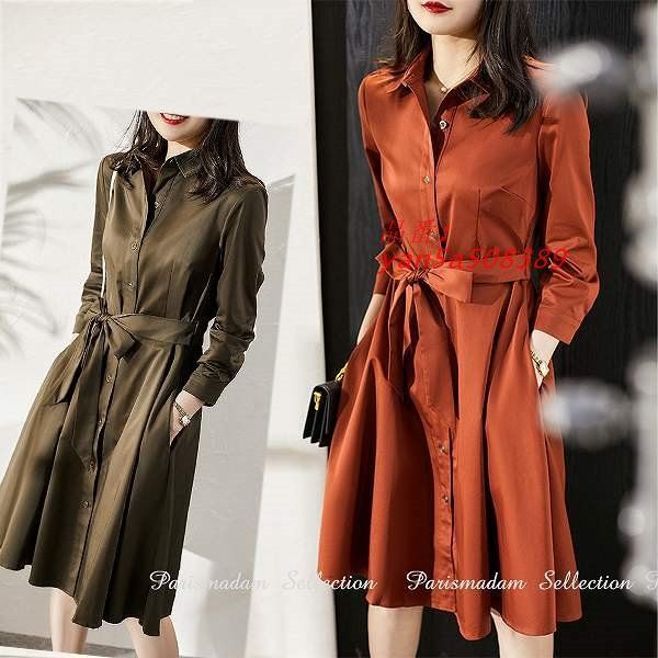 コットンワンピース 長袖 ウエストリボン ギャザースカート 前開き オレンジ 細く見える通勤通学20代30代40代50代60代 yan5a508389