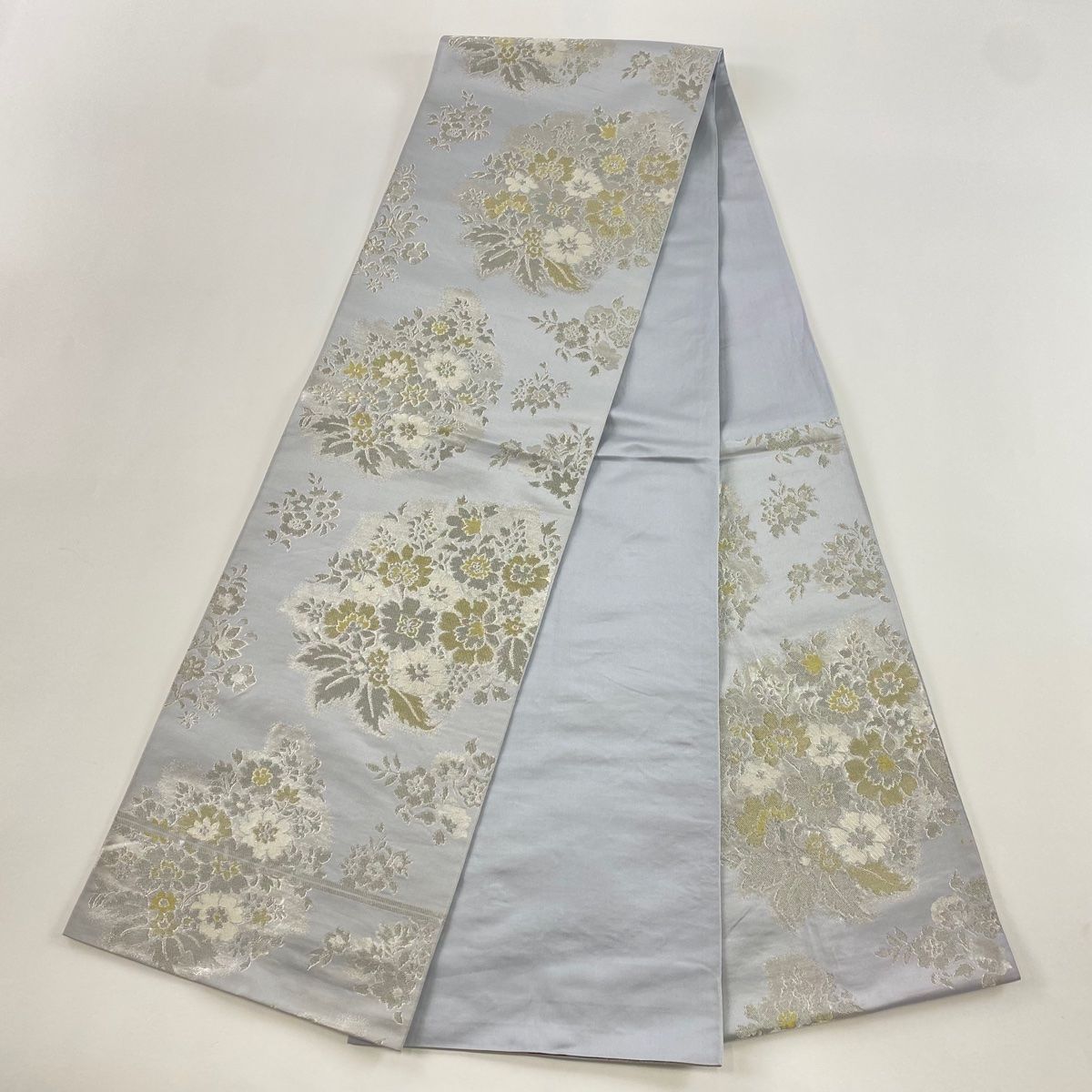 袋帯 秀品 川島織物 落款 草花 金銀糸 灰色 六通 正絹 【中古