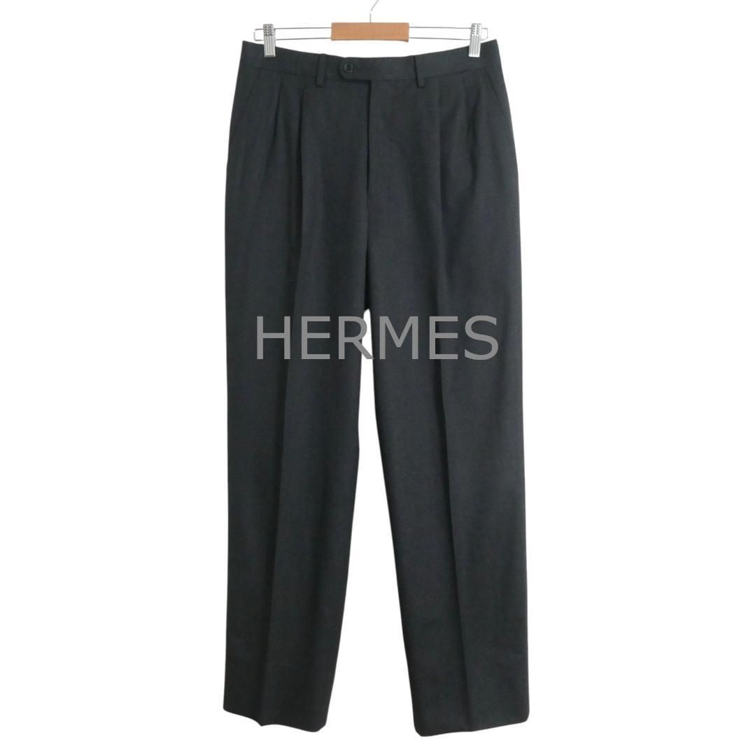 HERMES エルメス サイズ42 ウール タック センタープレス ストレート パンツ スラックス 黒 ブラック メンズ