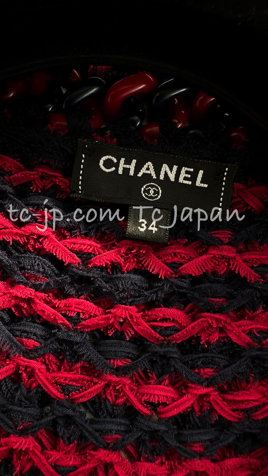 CHANEL - シャネル CHANEL・レッド ネイビー ストライプ・ おしゃれ チェーントリム・柔らか 美人見え ニット・ジャケット カーディガン 36 38 シャネル カーディガン CHANEL レッド ネイビー ストライプ