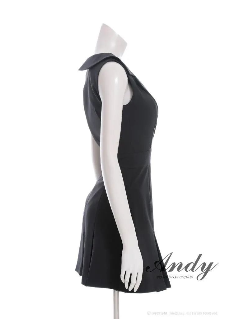 ブラック AN-OK2998 XSサイズあり ANDY アンディ 襟付き アシンメトリー バストカットアウト ビジュー ノースリーブ ボックスプリーツ Aライン フ ワンピース ミニドレス キャバドレス MAAHADDERANG_COM