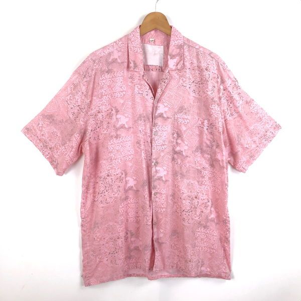 【古着】 柄シャツ エスニック 総柄 開襟 ヴィンテージ 半袖 ピンク系 メンズXL 【中古】 n054341