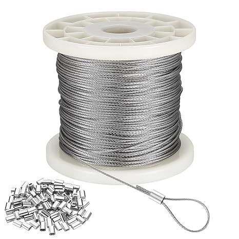 【在庫処分】Atutomo ワイヤー ロープ ステンレスワイヤー 線径1.5mm 100m巻 物干しロープ 針金 落下防止 SUS304 ステンレス製 構成7×7 錆びにくい 耐食性 8文字型アルミスリーブ100個付き 工事 固定