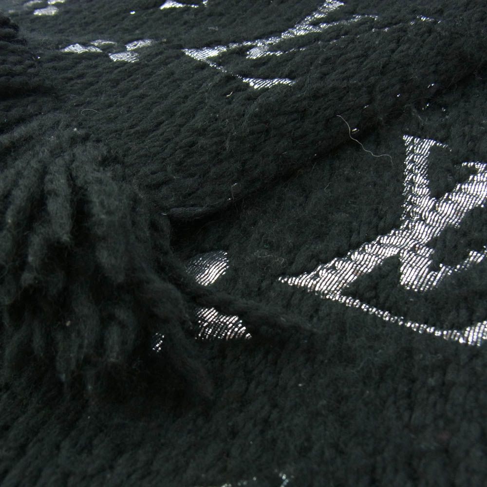 LOUIS VUITTON ロゴマフラー 黒 シルバー フリンジ付 ルイヴィトン