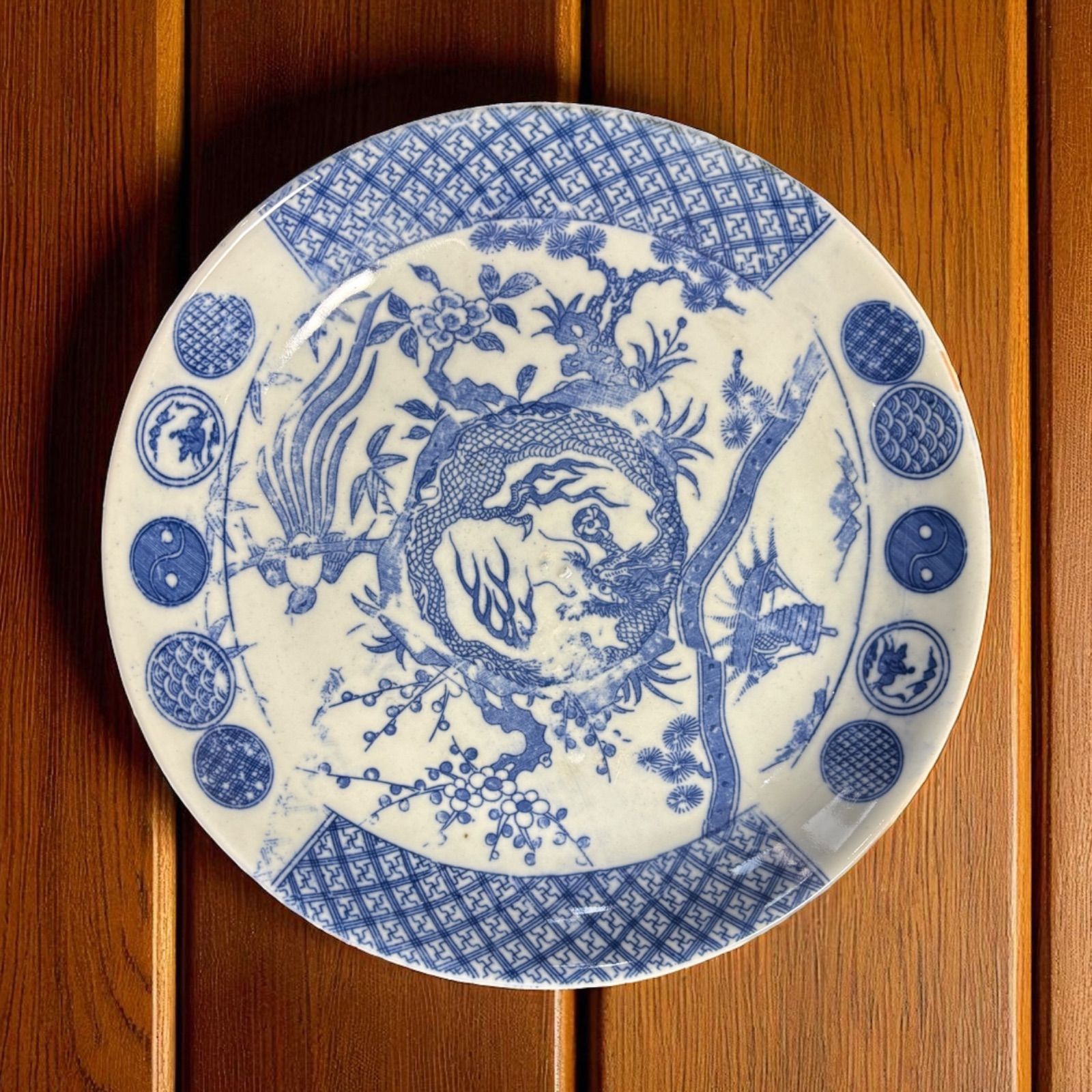 古伊万里 印判皿 鳳凰龍松竹梅風景図 染付 明治 平皿 丸皿 盛り