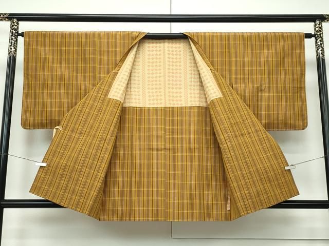 平和屋本店□極上 本場黄八丈 平織 道行コート 紬 格子柄 逸品 未使用  