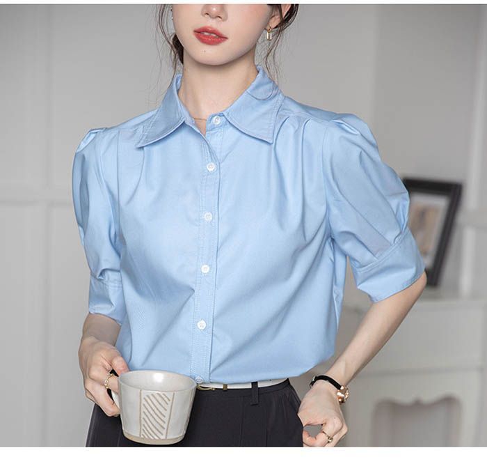 ブラウス レディース 半袖 夏 パフスリーブ シャツ 無地 シャツブラウス サマー 白シャツ ぽわん袖 オフィス フォーマル 通勤 OL ゆったり カジュアル シンプル ワイシャツ 可愛い 大人 エレガント ZHIx164