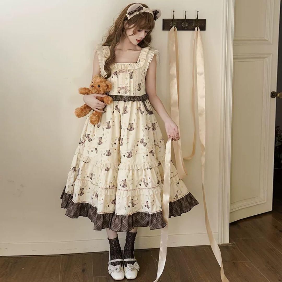 ロリータ風クマちゃん柄フリルワンピース