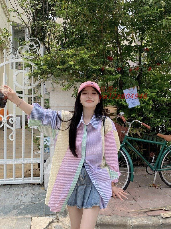 ストライプ シャツ 長袖 レディース 韓国 ストリート 原宿系 カラフル コーデ K-POP HIPHOP 衣装 マルチファッション Y2K ダンス ストライプ シャツ 長袖 レディース 韓国 ストリート マルチ
