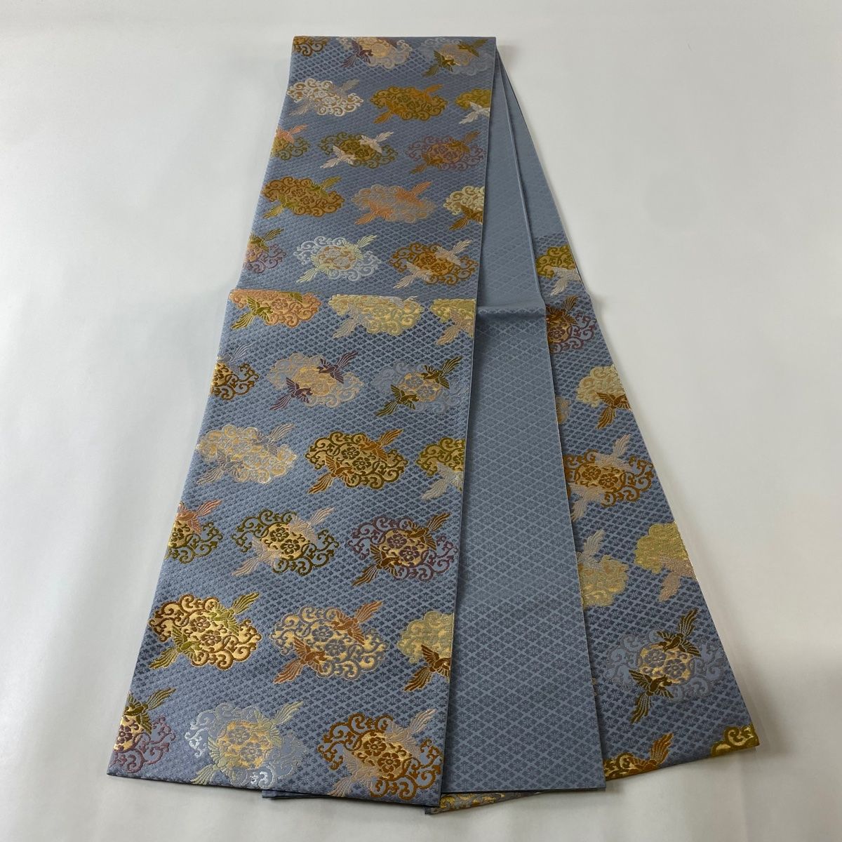 袋帯 美品 秀品 蜀江華文 鳥 金糸 箔 青灰色 六通 正絹 【中古】