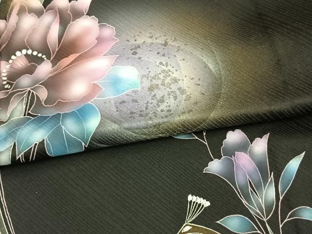 平和屋着物▽訪問着　単衣　草花文　暈し染め　黒地　金銀彩　正絹　逸品　AAAV8406fy 平和屋着物▽訪問着 単衣 草花文 暈し染め 黒地 金銀彩 正絹 逸品