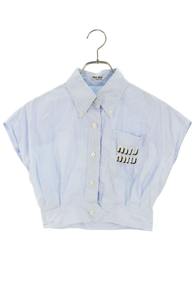 ミュウミュウ MK 1619 ロゴ刺繍ストライプノースリーブシャツ レディース 38