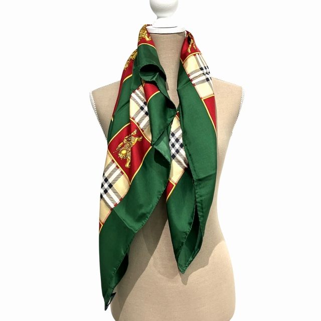 極美品Burberry 緑×オフホワイト馬柄大判スカーフ正方形