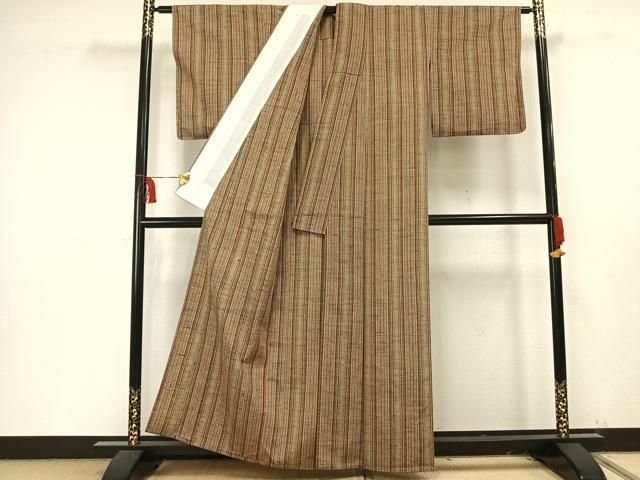 平和屋着物▽上質な紬 単衣 縞 正絹 逸品 AAAT7598fy 平和屋着物