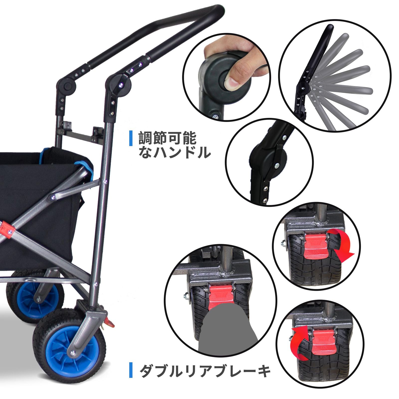 ①スタ キャリーワゴン ブラック 黒 TMZ アウトドア ワゴン カート キャンプ オフロード ワイドタイヤ 折りたたみ式 レジャー 多用途  TMZ キャリーワゴン自立収納 コンパクト 耐荷重120kg 屋根