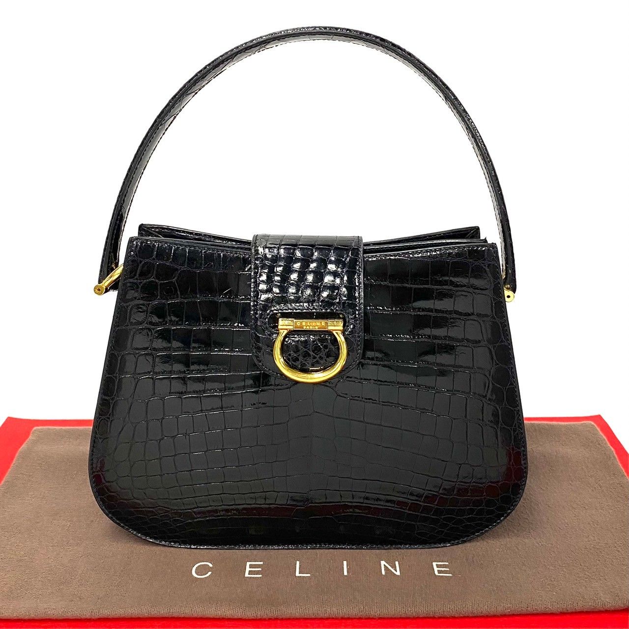 極 美品 希少品 CELINE セリーヌ ヴィンテージ ロゴ 金具 クロコ レザー ワン セミ ショルダーバッグ トートバッグ ブラック 42447  - メルカリ