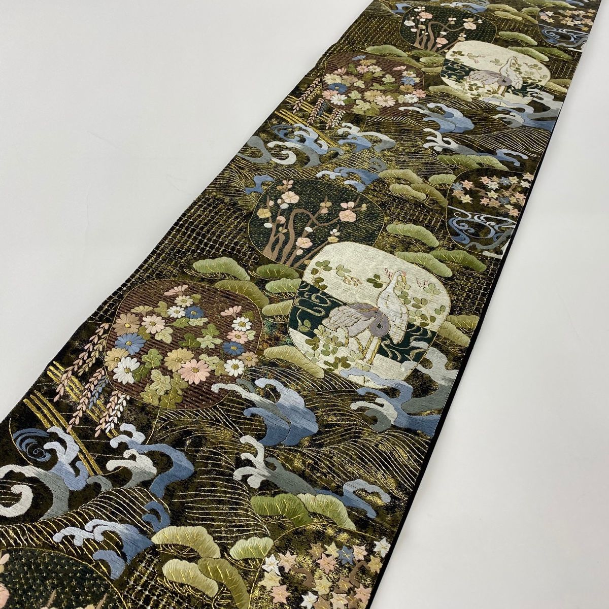 最安 松梅 鶴 逸品 美品 袋帯 刺繍 【中古】 正絹 六通 深緑 箔 仕立て