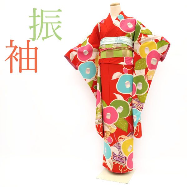 芸艸堂 UNSODO 振袖 モダン椿柄 中古 美品 日本製 ポリエステル 中古】 振袖 袷 着物 芸艸堂 UNSODO 金彩加工 椿 古典柄 朱赤