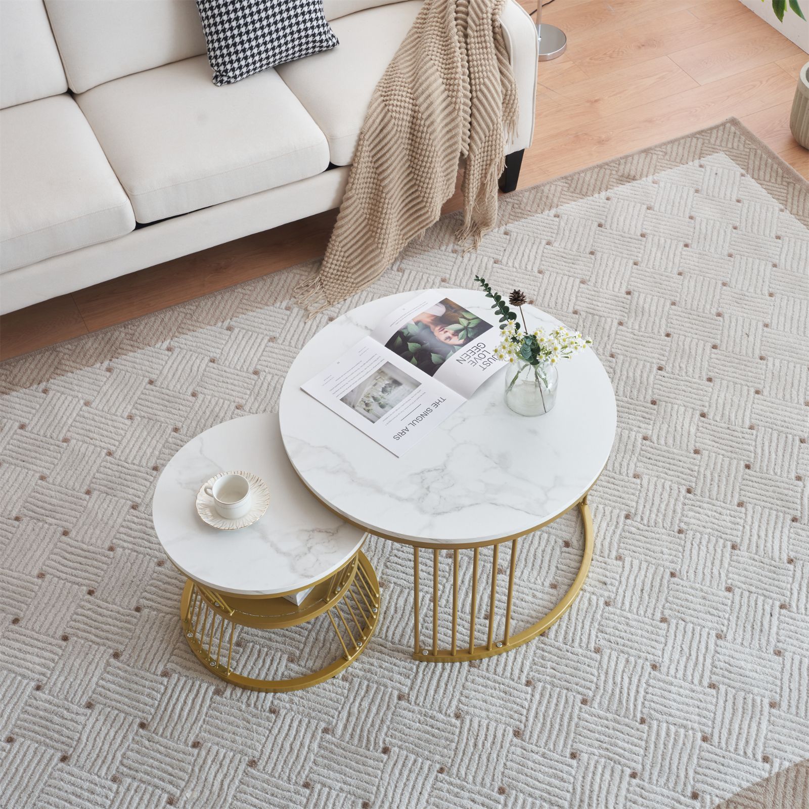 センターテーブル ネストテーブル ローテーブル 丸円型【ホワイト＋