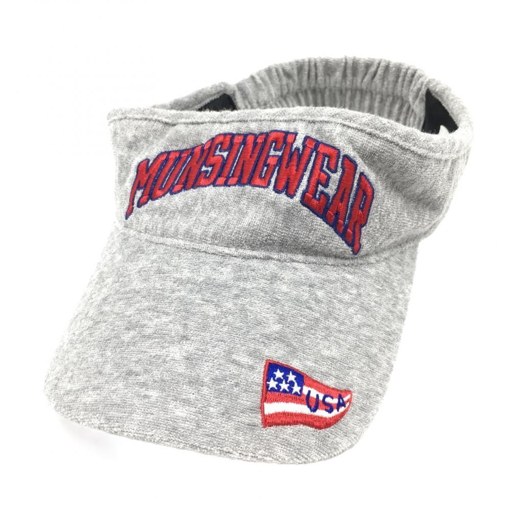 美品】マンシングウェア サンバイザー グレー×レッド パイル生地