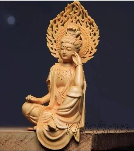 送料無料 版 木彫 仏像 自在観音菩薩座像 黄楊木 仏教 工芸品 ZYP35今だけセール