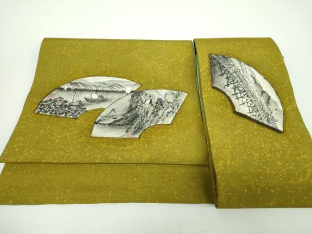 平和屋着物●つけ帯 紬地 手描き 地紙風景文 正絹 DAAX4822ps