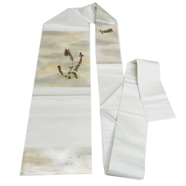 美品★正絹　名古屋帯　花鳥　鳥　花　螺鈿　箔　オフホワイト地に染め　白系　生成り 美品☆正絹 名古屋帯 花鳥 鳥 花 螺鈿 箔 オフホワイト地に染め