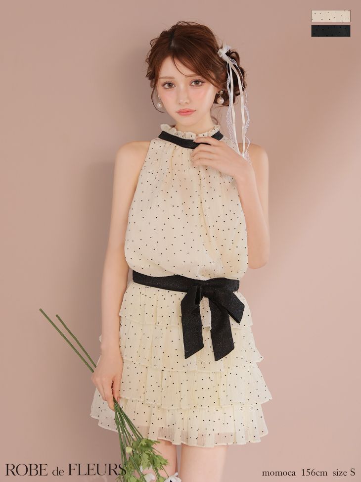 Sアイボリー fm3396 ROBE de FLEURS ローブドフルール ドットオーガンジーウエストリボンティアードフ ミニキャバドレス ドットオーガンジー ウエストリボン ティアード フ ミニドレス キャバドレス