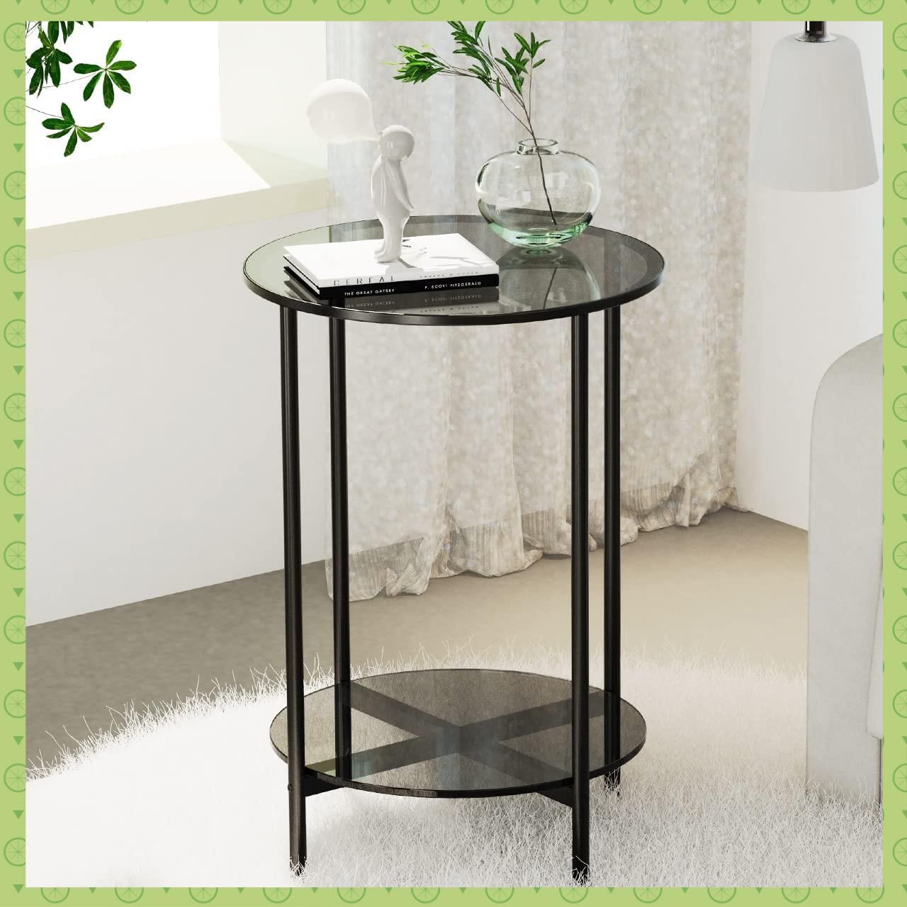 ミッドセンチュリー 4段 ラウンドテーブル ガラス天板 黒 強化ガラス