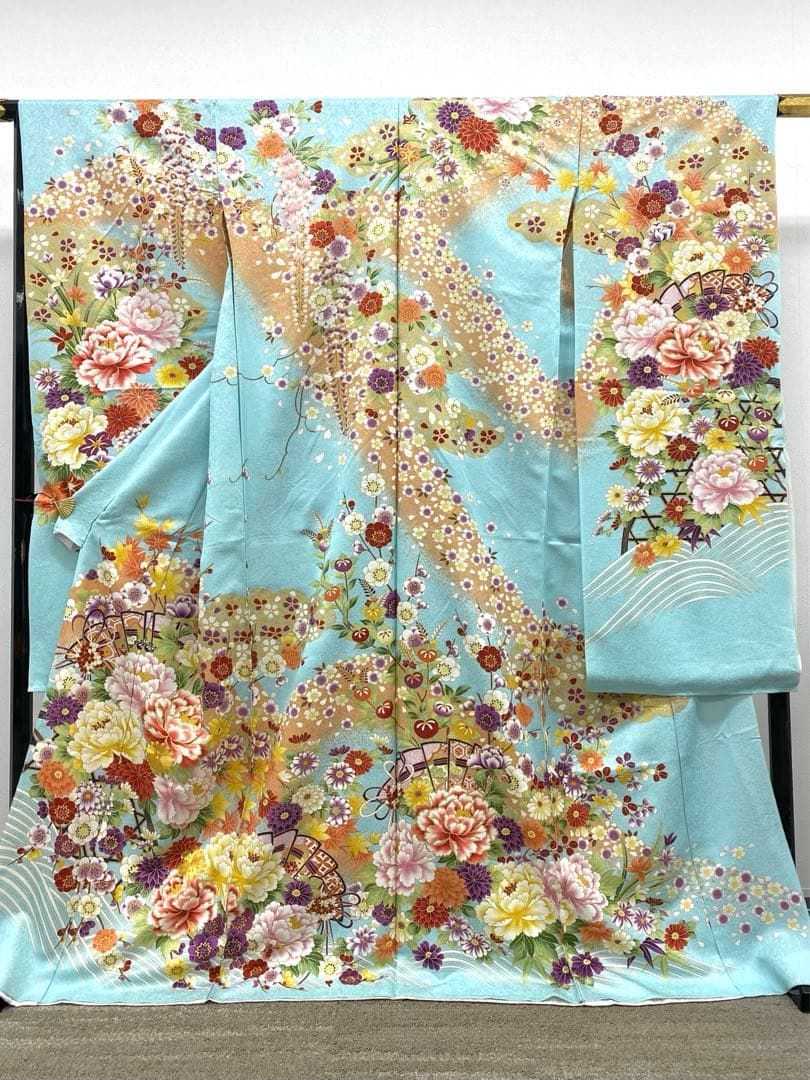 振袖 仮絵羽 銀通し 金駒 金彩 紋意匠 牡丹 正絹 未仕立て品 八掛付き