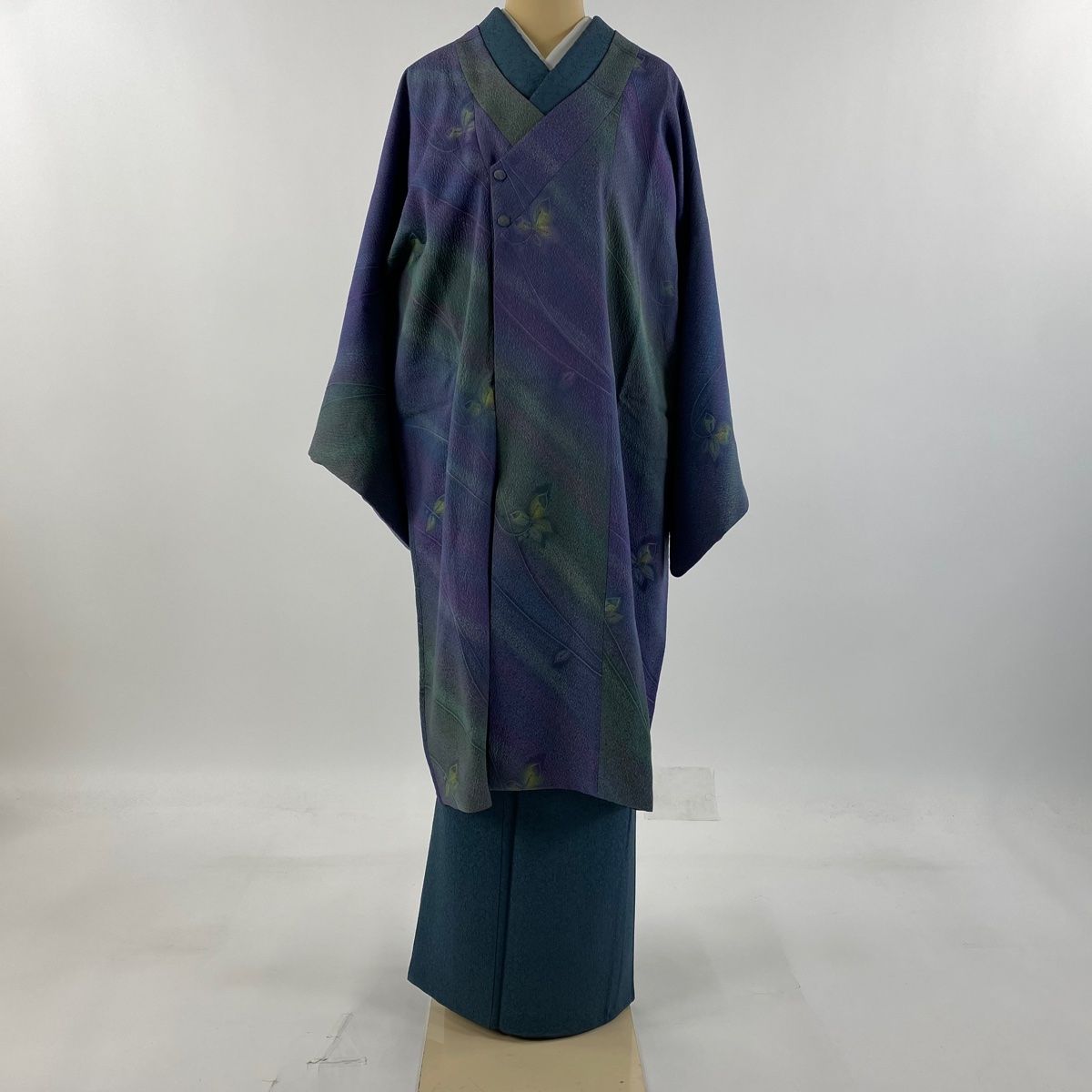 道行 身丈110cm 裄丈69cm L 和装コート 千代田衿 落款 葉柄 斜縞  