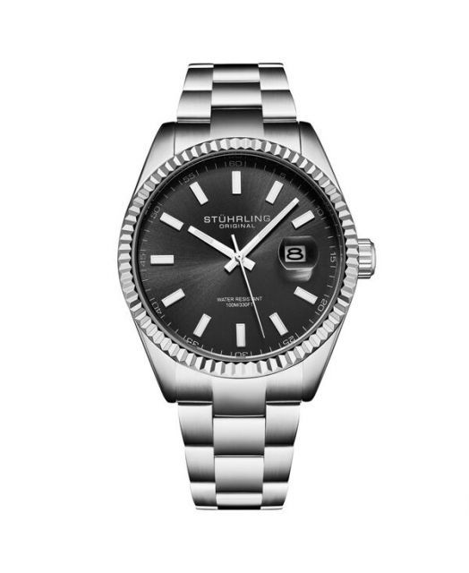 送料無料 ストゥーリング レディース 腕時計 アクセサリー Vanguard 4069 Men s Quartz Watch 42mm Black Dial Stainless Steel Bracelet Fluted Bezel Date 100M W