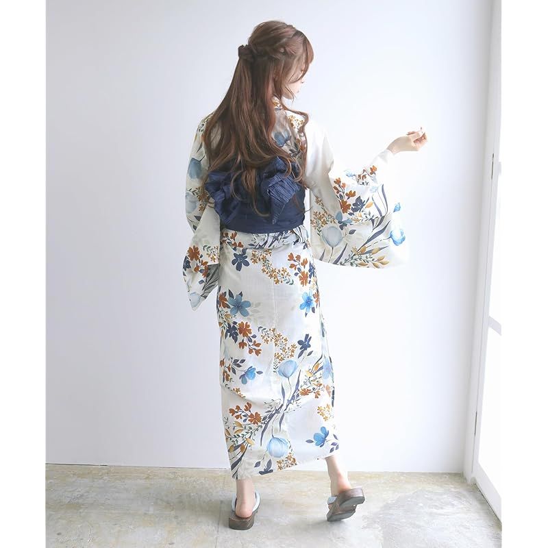 青色 花柄 kyoetsu 京越 変わり織生成り二部式浴衣4点セット Amazon | [KYOETSU] [キョウエツ] 浴衣セット 変わり織 生成り