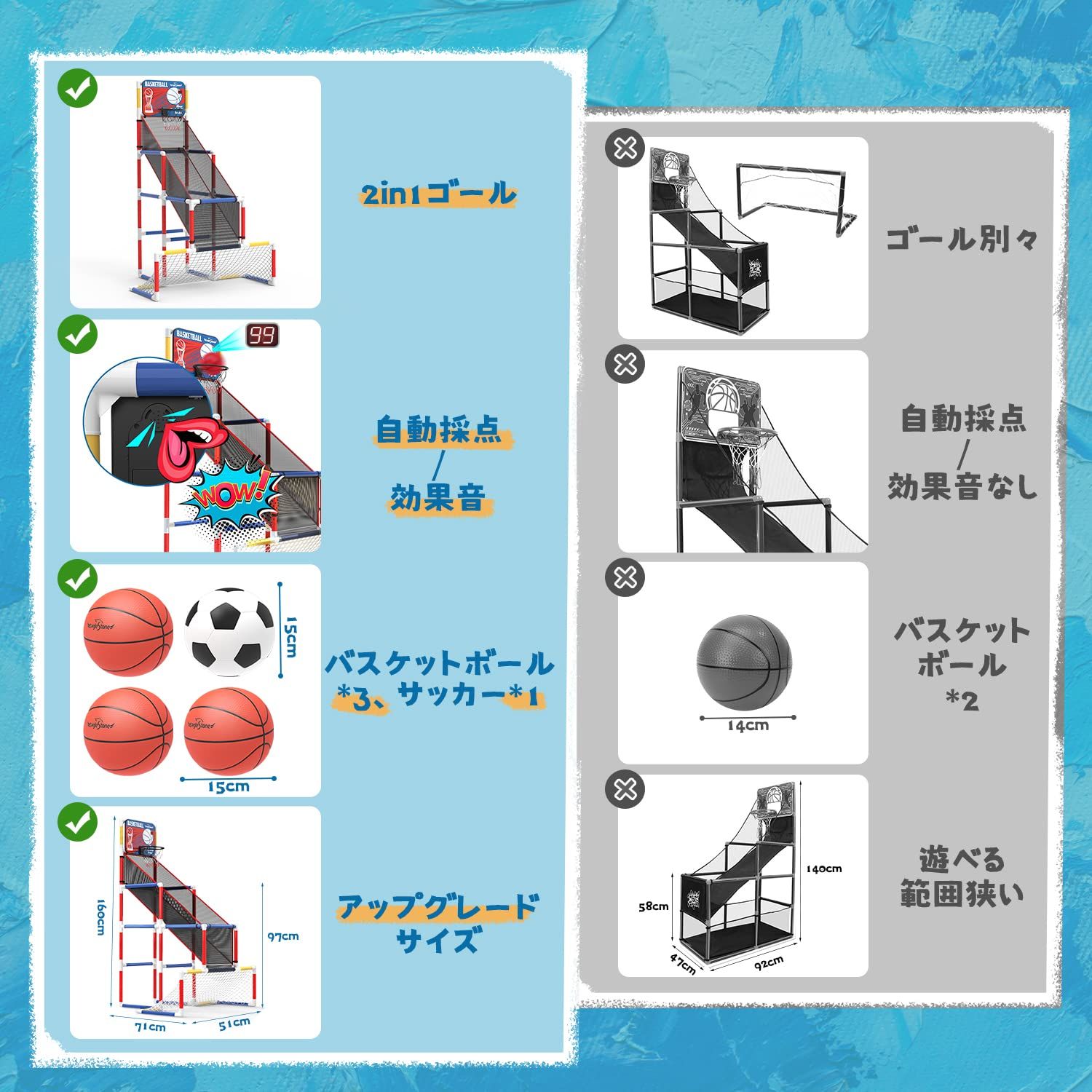 EagleStone バスケットゴール サッカーゴール 屋外 室内 おもちゃ 子供用 2 in 1ゴールセット バスケットボール サッカー 付き 自動採点 歓声 組立式 ストレス解消 小学生 男の子 バスケットボールネット家庭用 トレーニング クリスマ