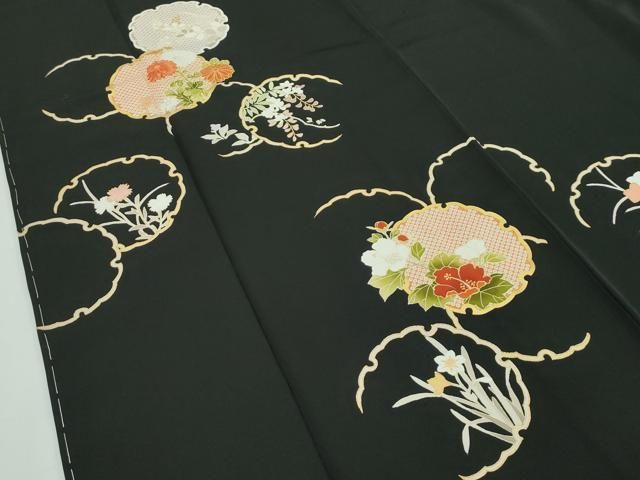 平和屋本店□極上 銀座 越後屋 訪問着 刺繍 雪輪草花文 黒地 金彩 伊と