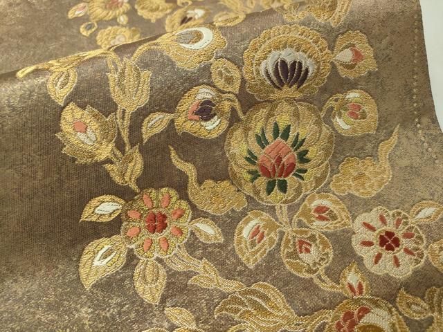 洒落帯 袋帯 全通柄 正絹 横段 花唐草 丸文 落款 未使用 寸